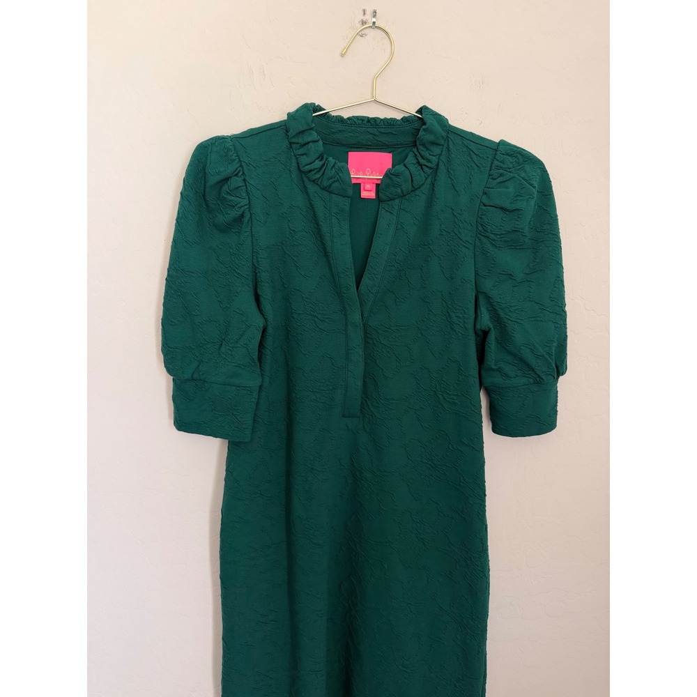 Lilly Pulitzer Green Textured Jacquard Ruffle Neck Puff Sleeve Shift Dress M